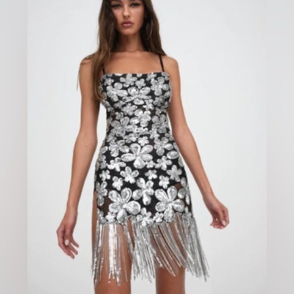 For Love And Lemons Black and Silver Floral Sequin Mini Dress with Fringe